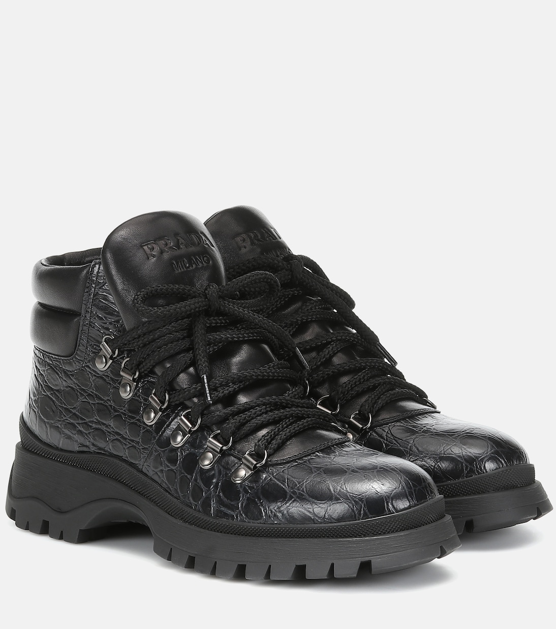 Croc-effect leather ankle boots | Prada