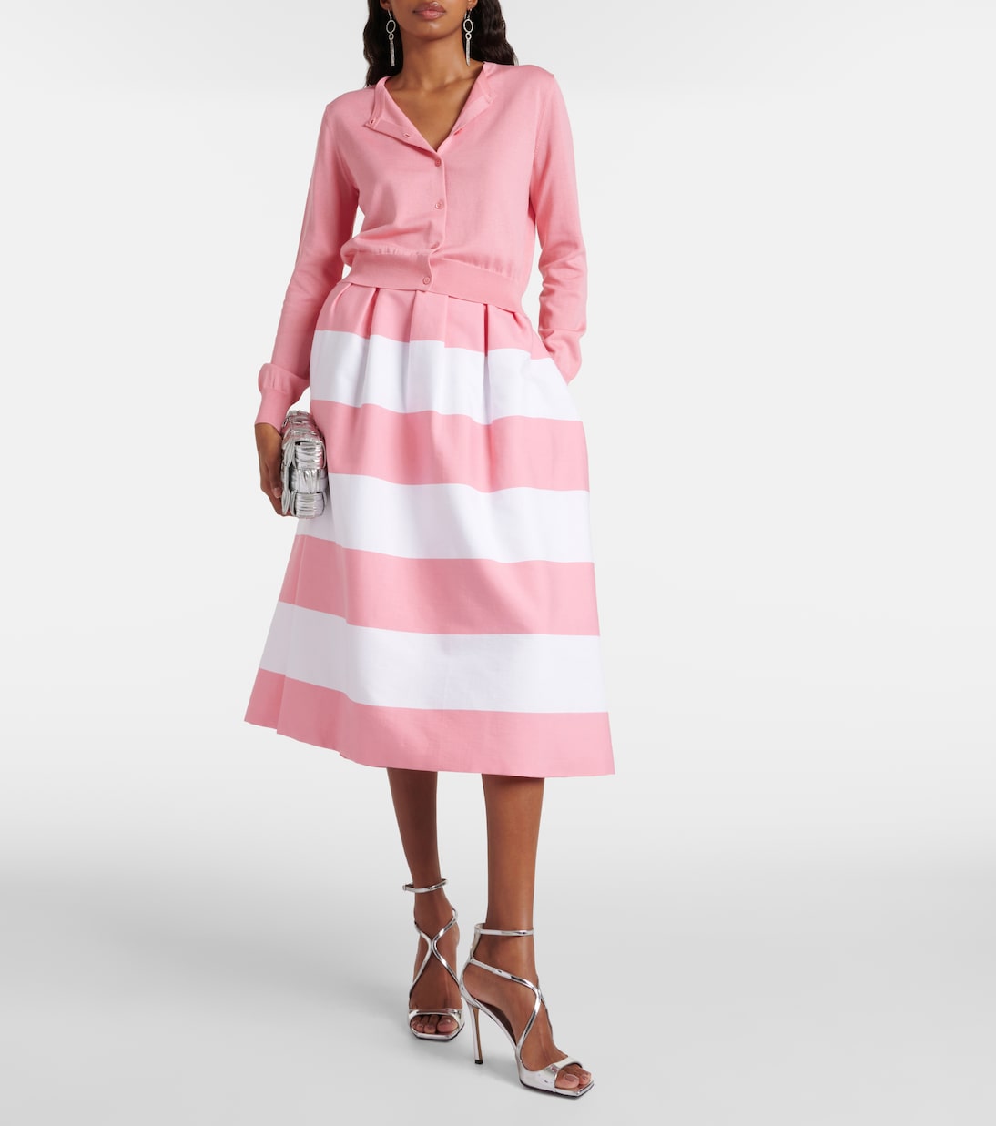 Striped pleated cotton-blend midi skirt | Carolina Herrera