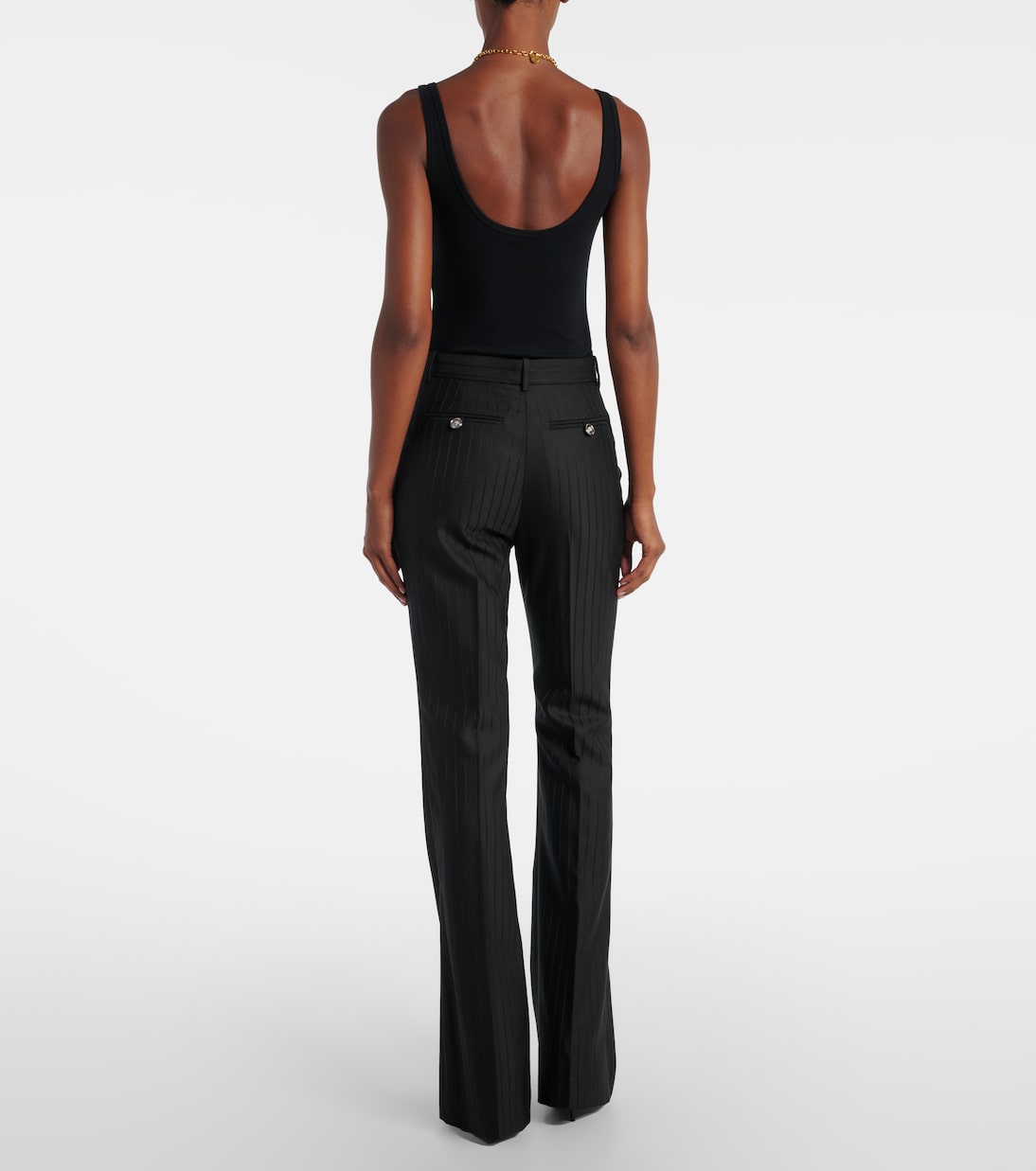 Embellished pinestripe wool flared pants | Versace