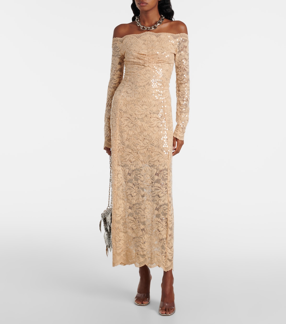 Abito lungo in pizzo con scollo bardot | Rabanne