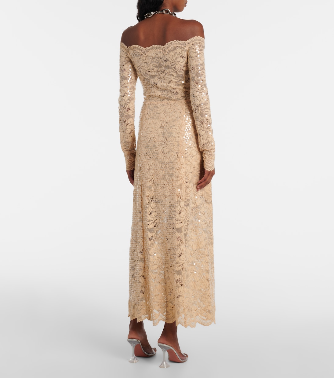 Abito lungo in pizzo con scollo bardot | Rabanne