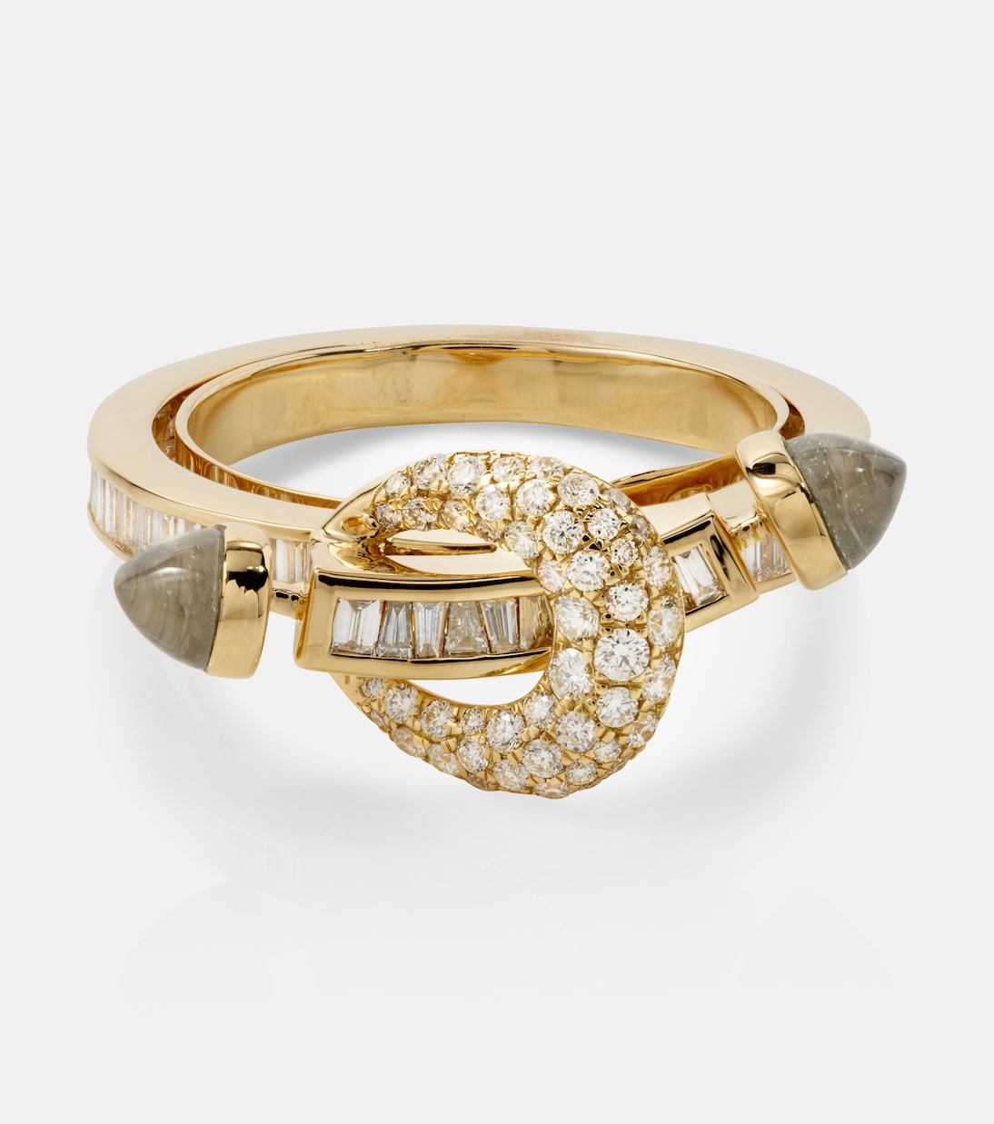 Anello Chakra in oro 18kt con diamanti, smeraldi e quarzi | Ananya