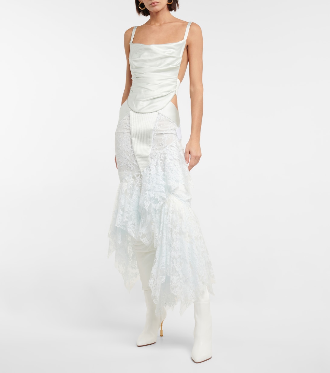 Vestido midi drapeado con encaje | Balmain