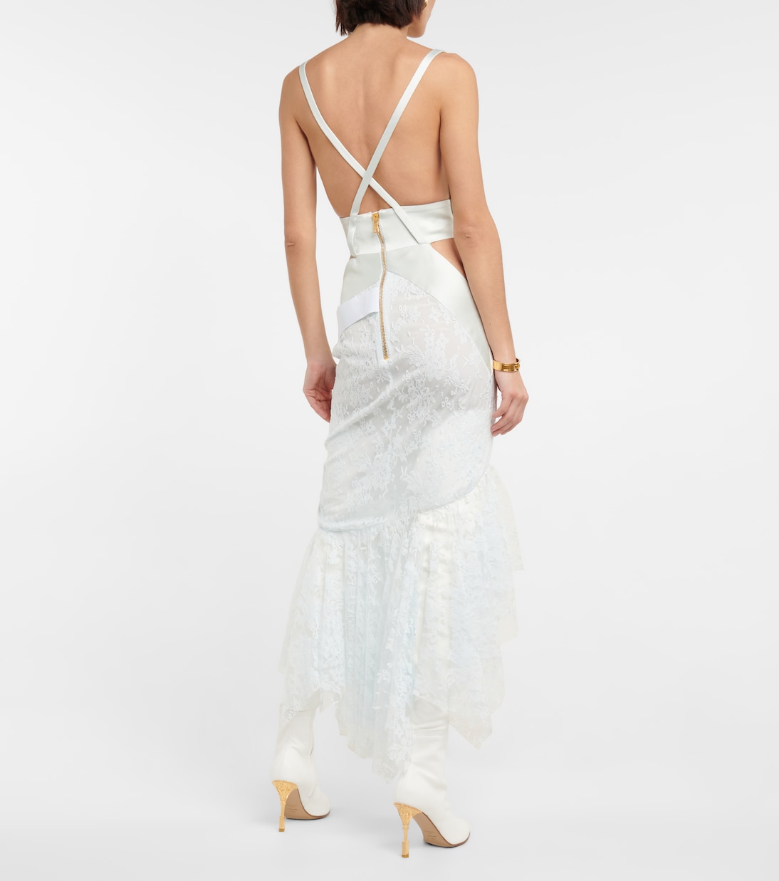 Vestido midi drapeado con encaje | Balmain
