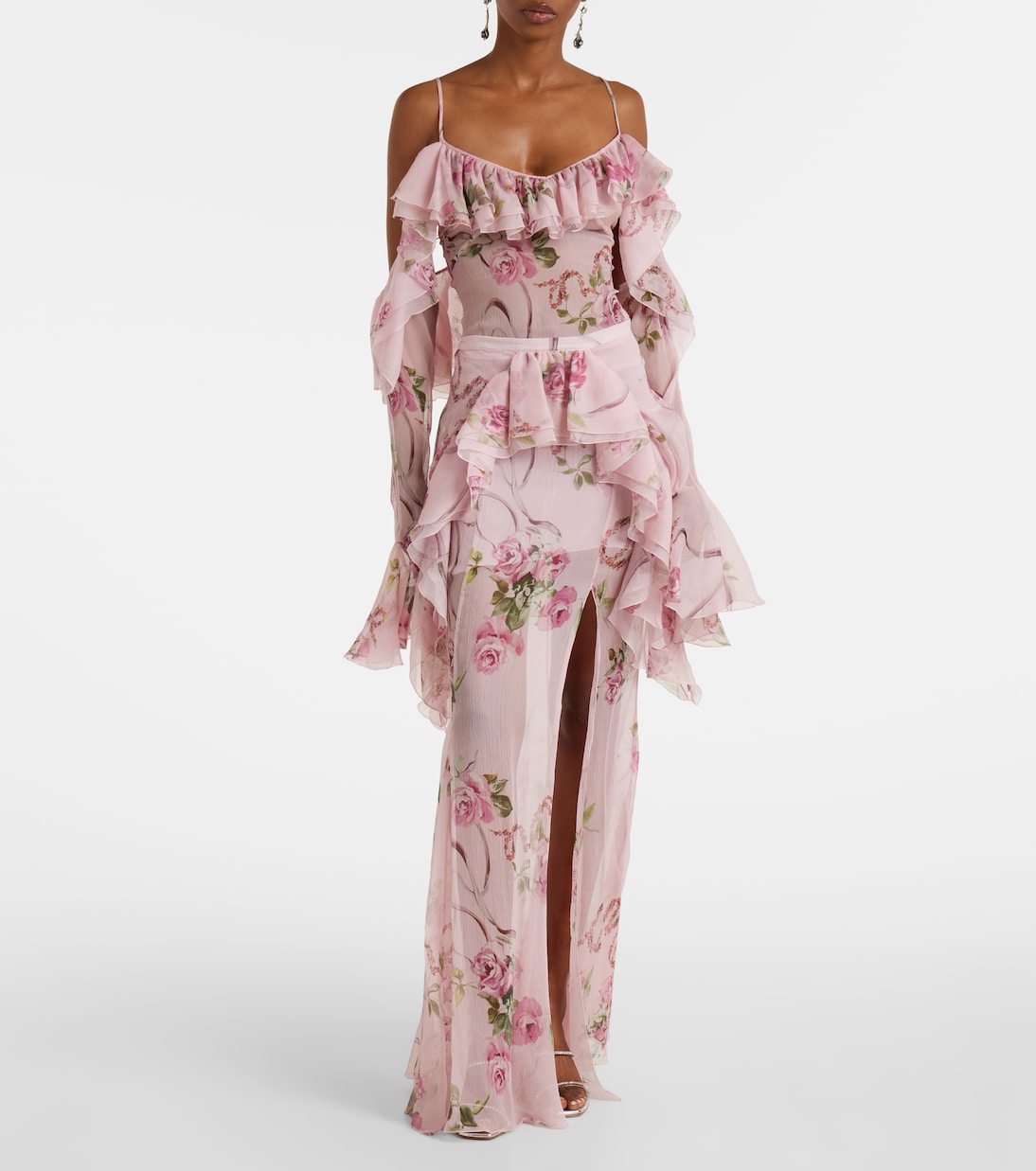تنورة طويلة من الحرير بطبعات الورود | Blumarine