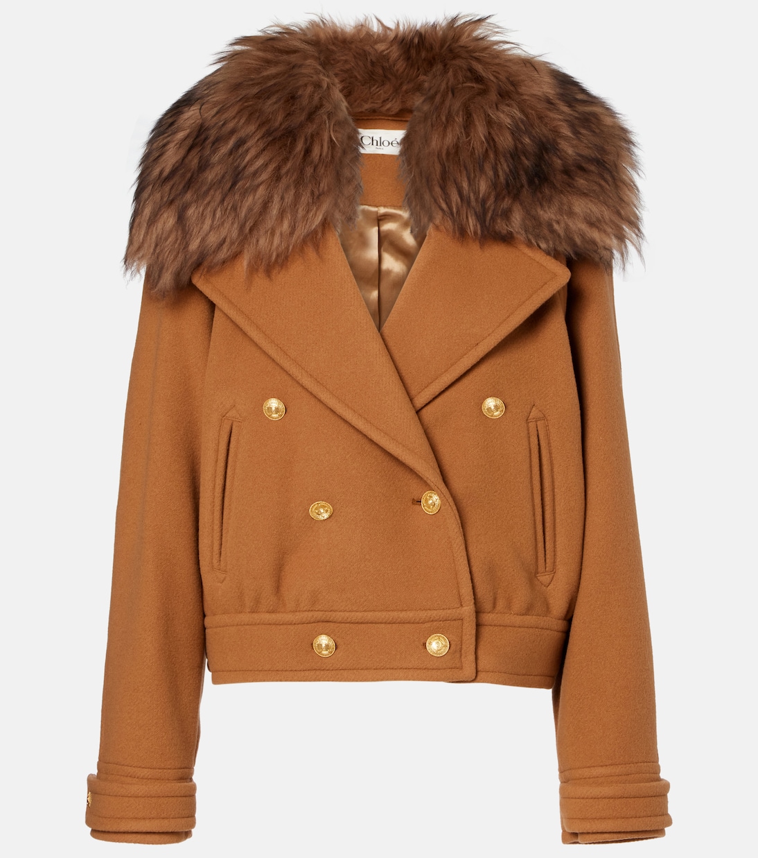 Cropped shearling-trimmed wool-blend coat | Chloé