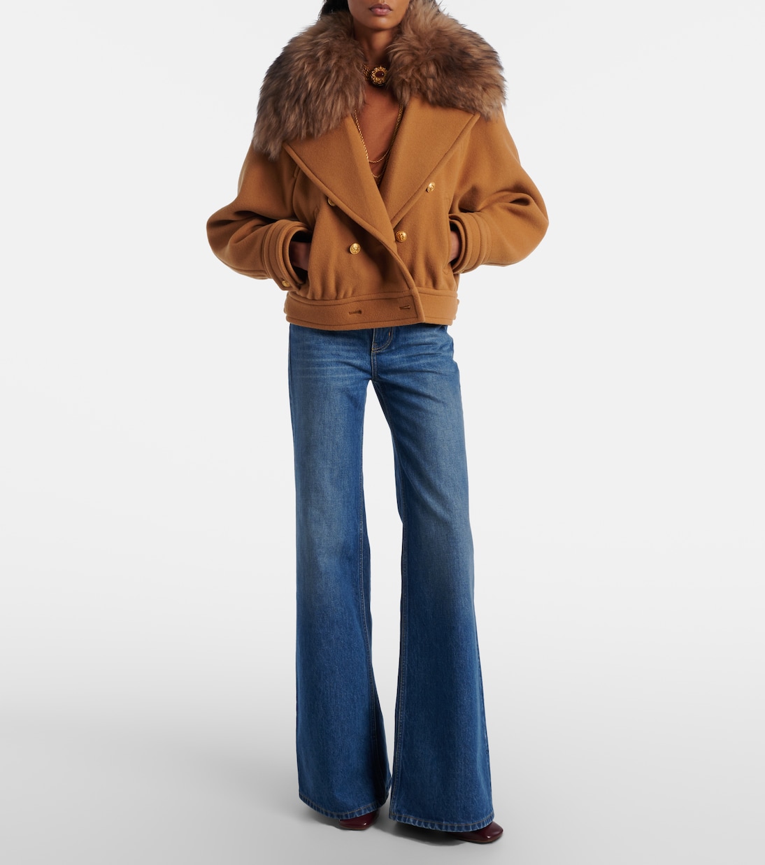 Cropped shearling-trimmed wool-blend coat | Chloé