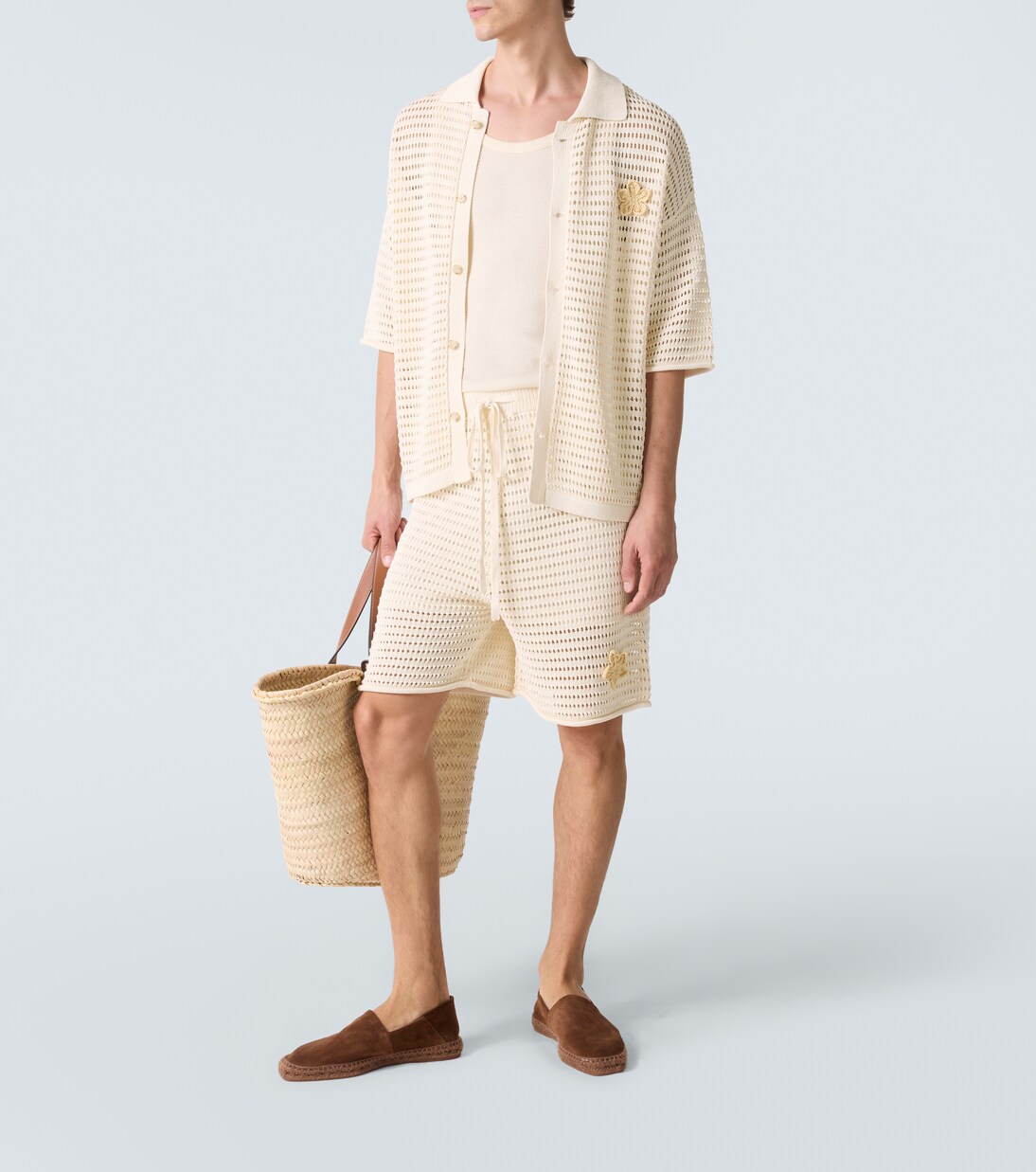 Crochet floral-appliqué open-knit Bermuda shorts | Commas