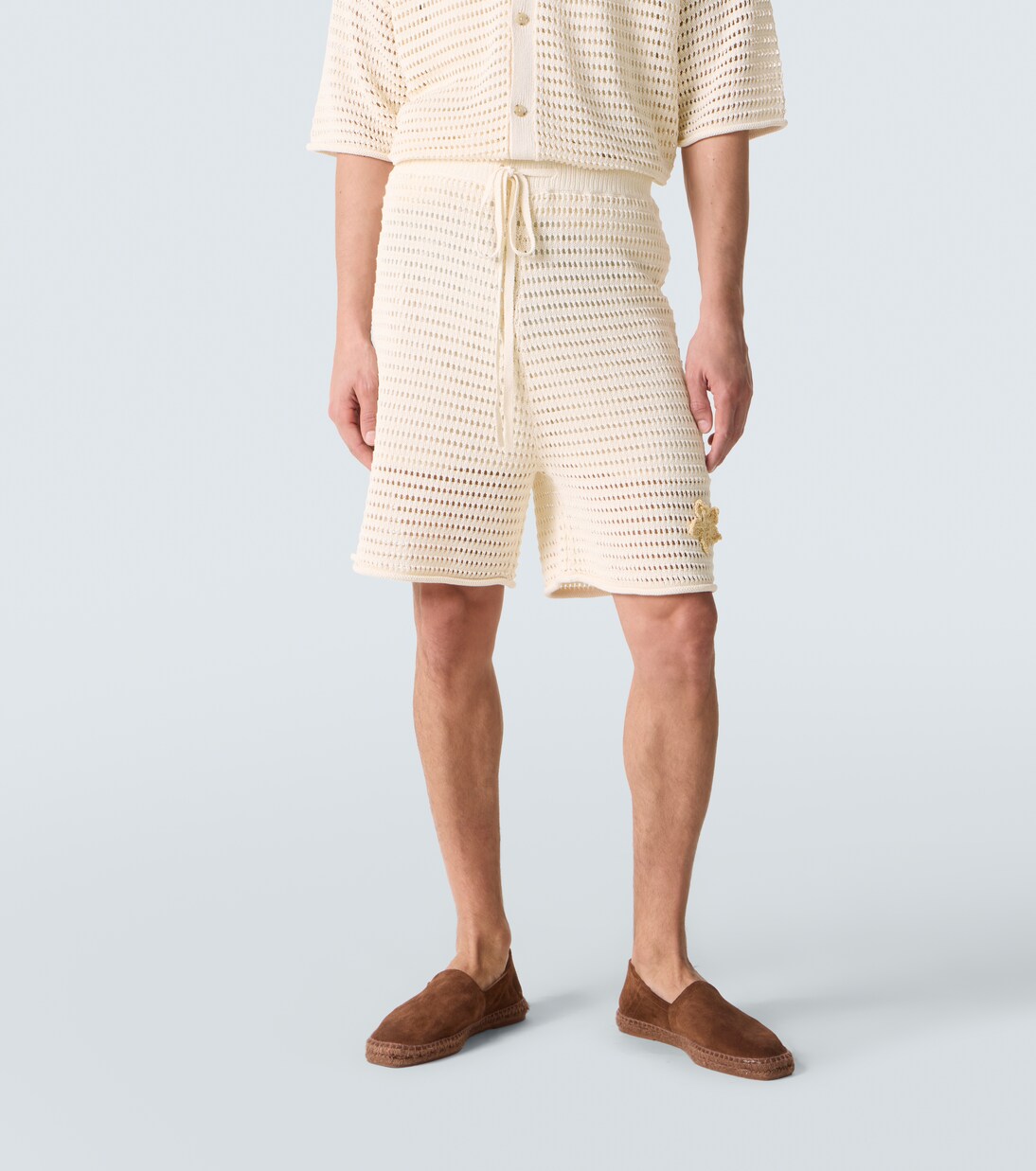 Crochet floral-appliqué open-knit Bermuda shorts | Commas