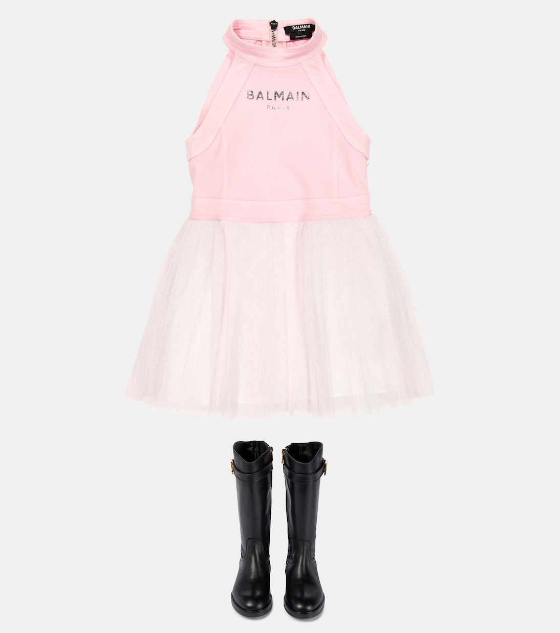 Abito in tulle con scollo all’americana | Balmain Kids