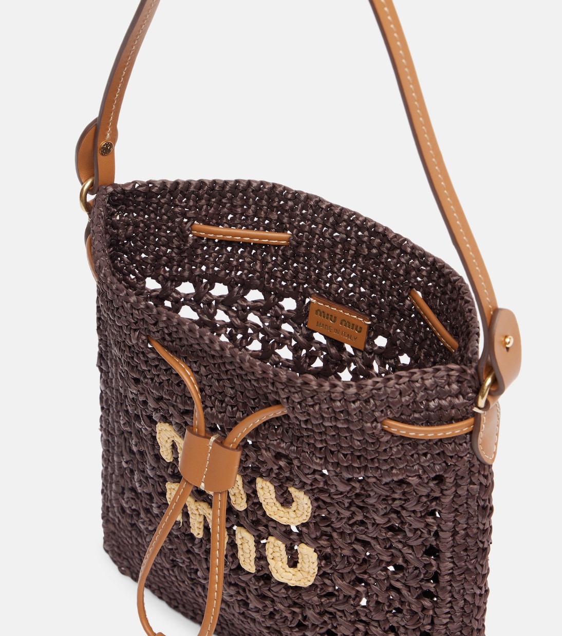 Logo raffia-effect bucket bag | Miu Miu
