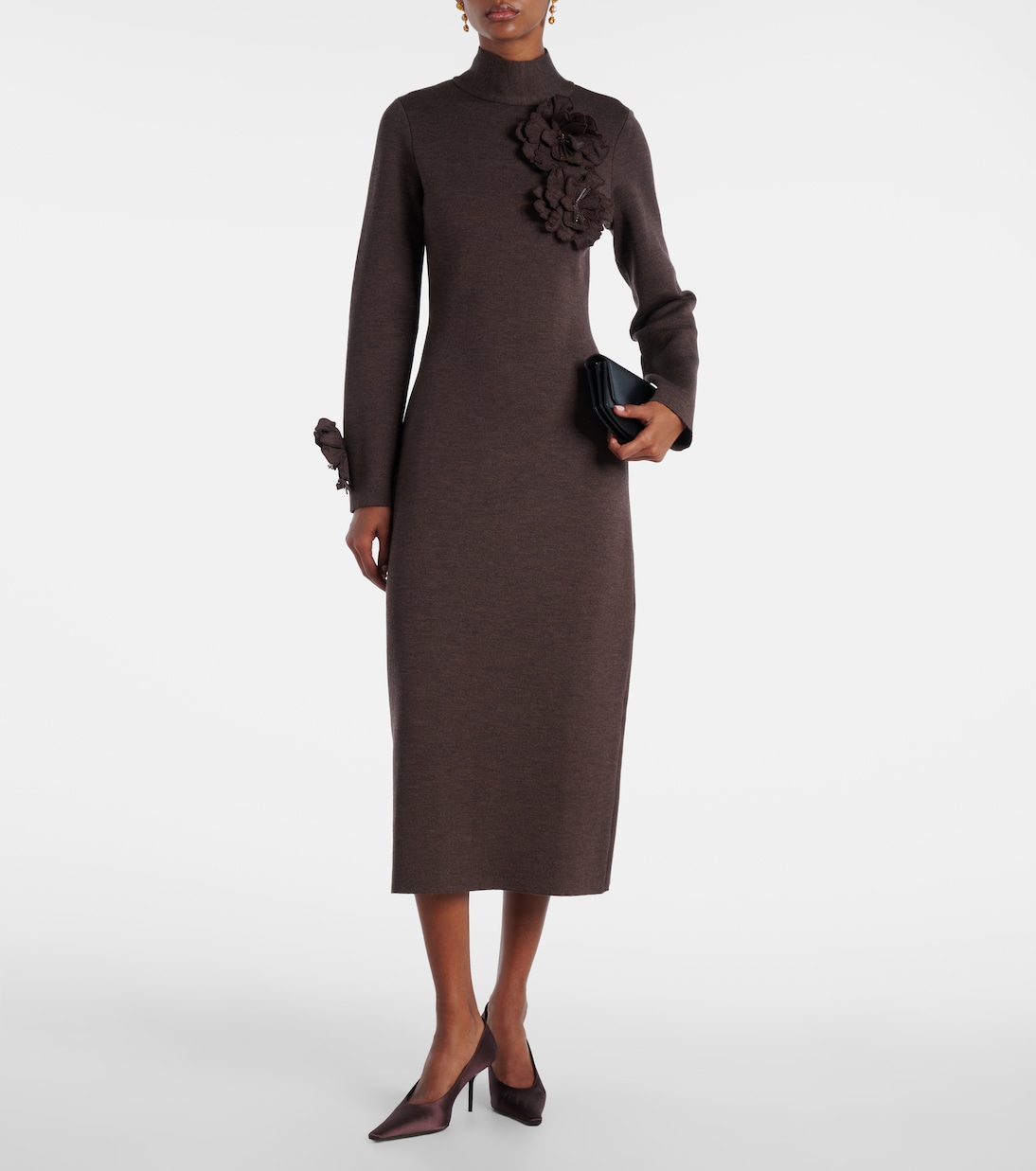 Floral-appliqué wool-blend midi dress | Oscar de la Renta