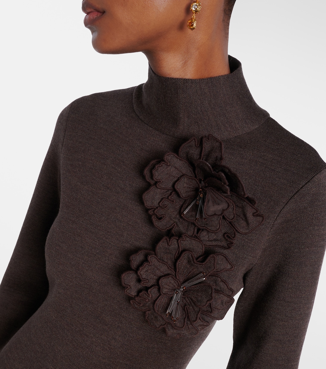 Floral-appliqué wool-blend midi dress | Oscar de la Renta