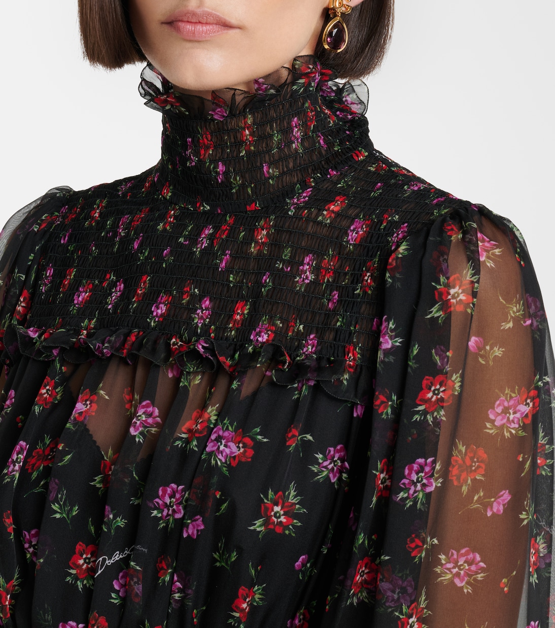 فستان طويل من الحرير الشيفون بورود | Dolce&Gabbana