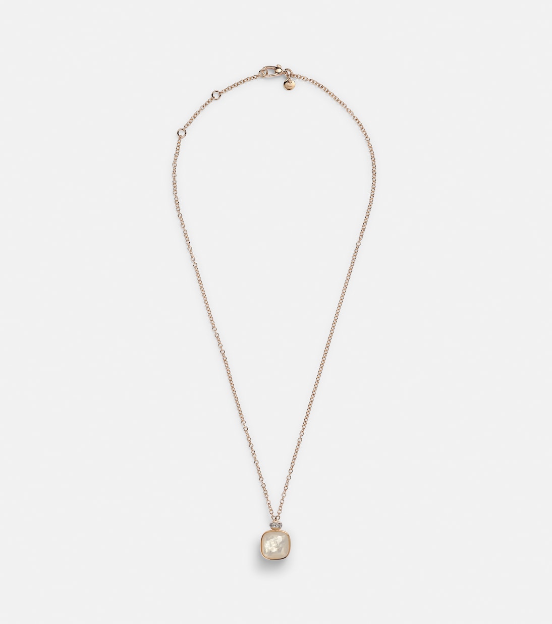 Collana Nudo in oro rosa e bianco 18kt con topazio, madreperla e diamanti, design giovane e moderno