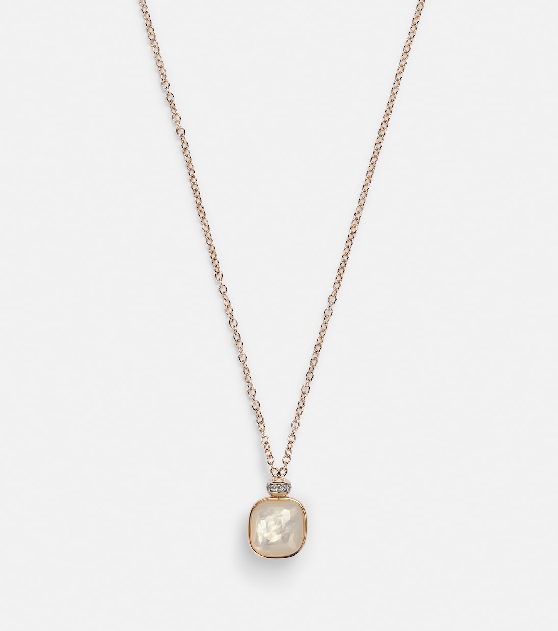 Collana Nudo in oro rosa e bianco 18kt con topazio, madreperla e diamanti, design giovane e moderno