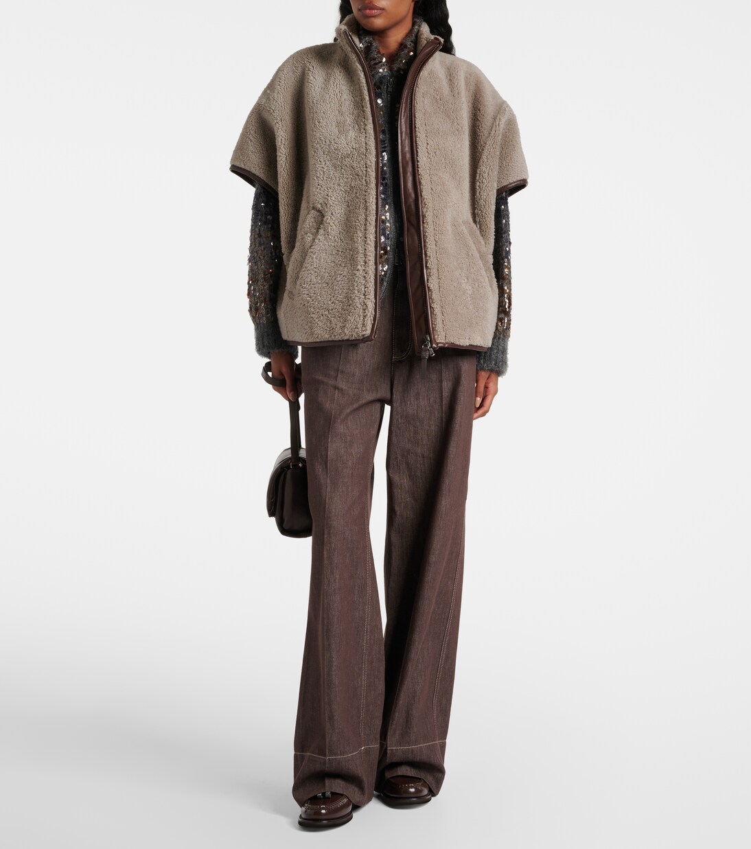 Monili leather-trimmed shearling jacket | Brunello Cucinelli