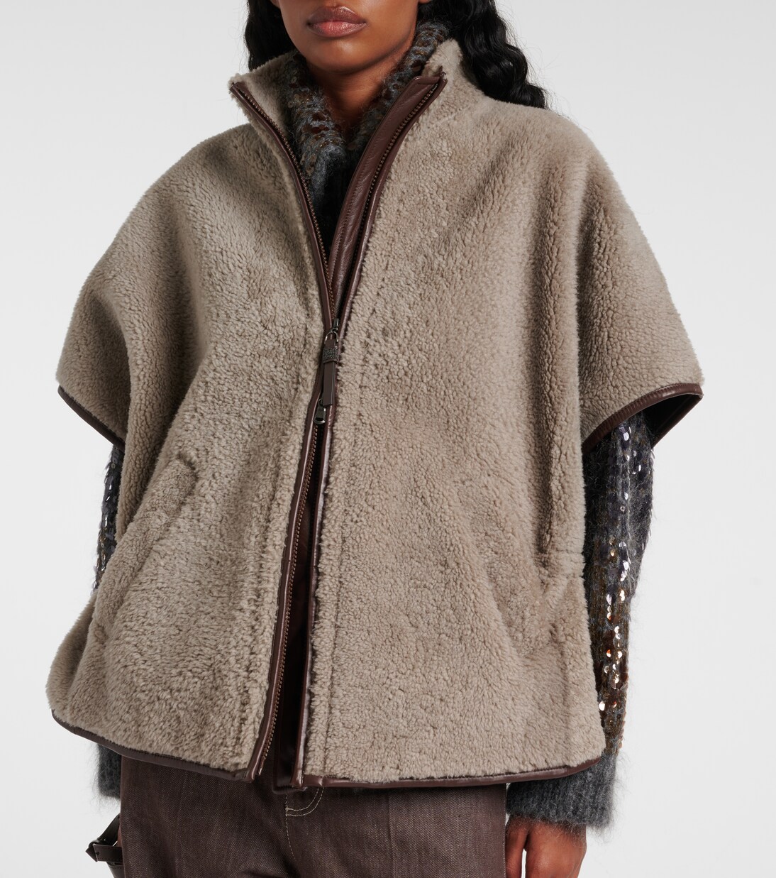 Monili leather-trimmed shearling jacket | Brunello Cucinelli