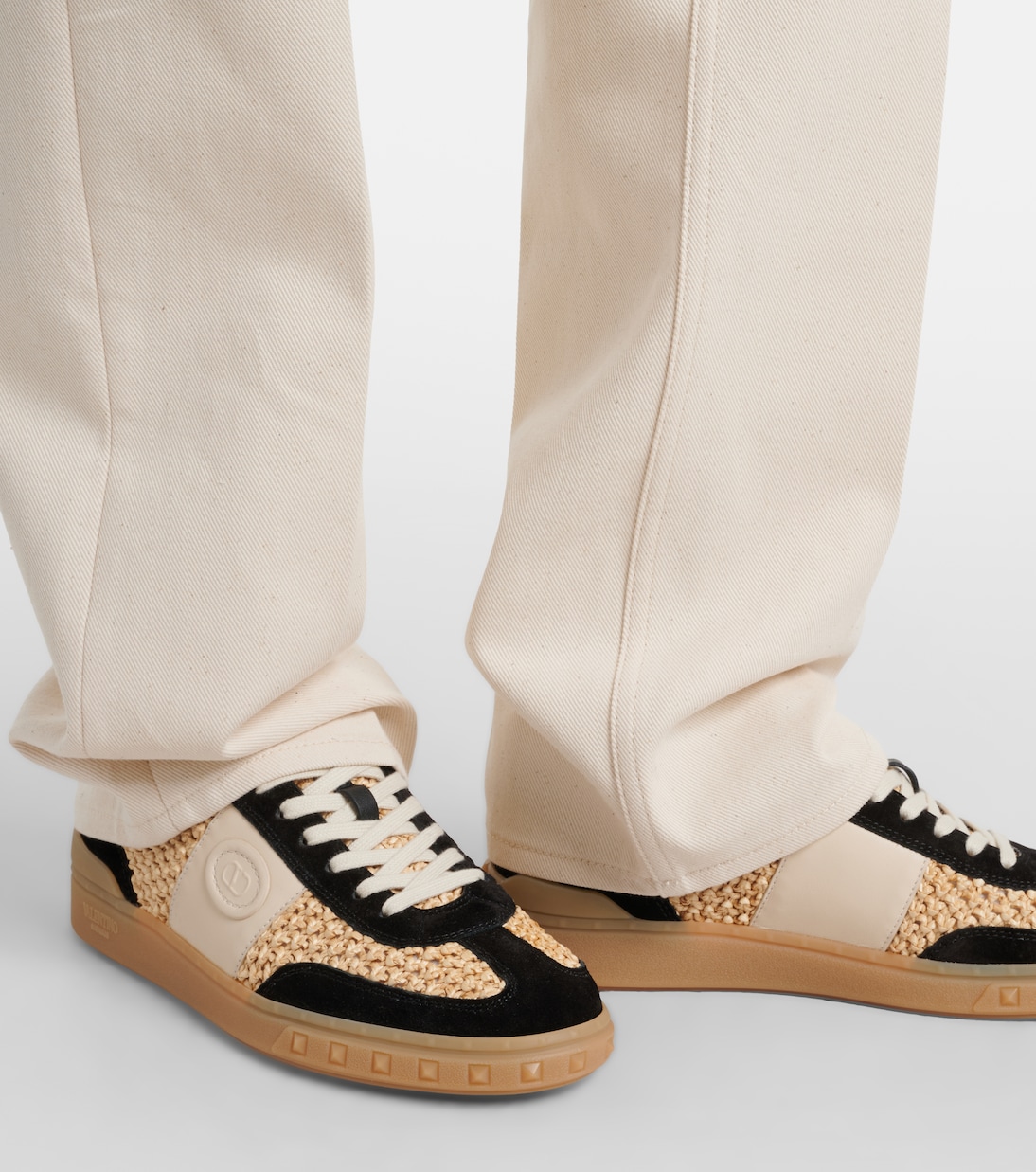 VLogo leather-trimmed raffia sneakers | Valentino Garavani