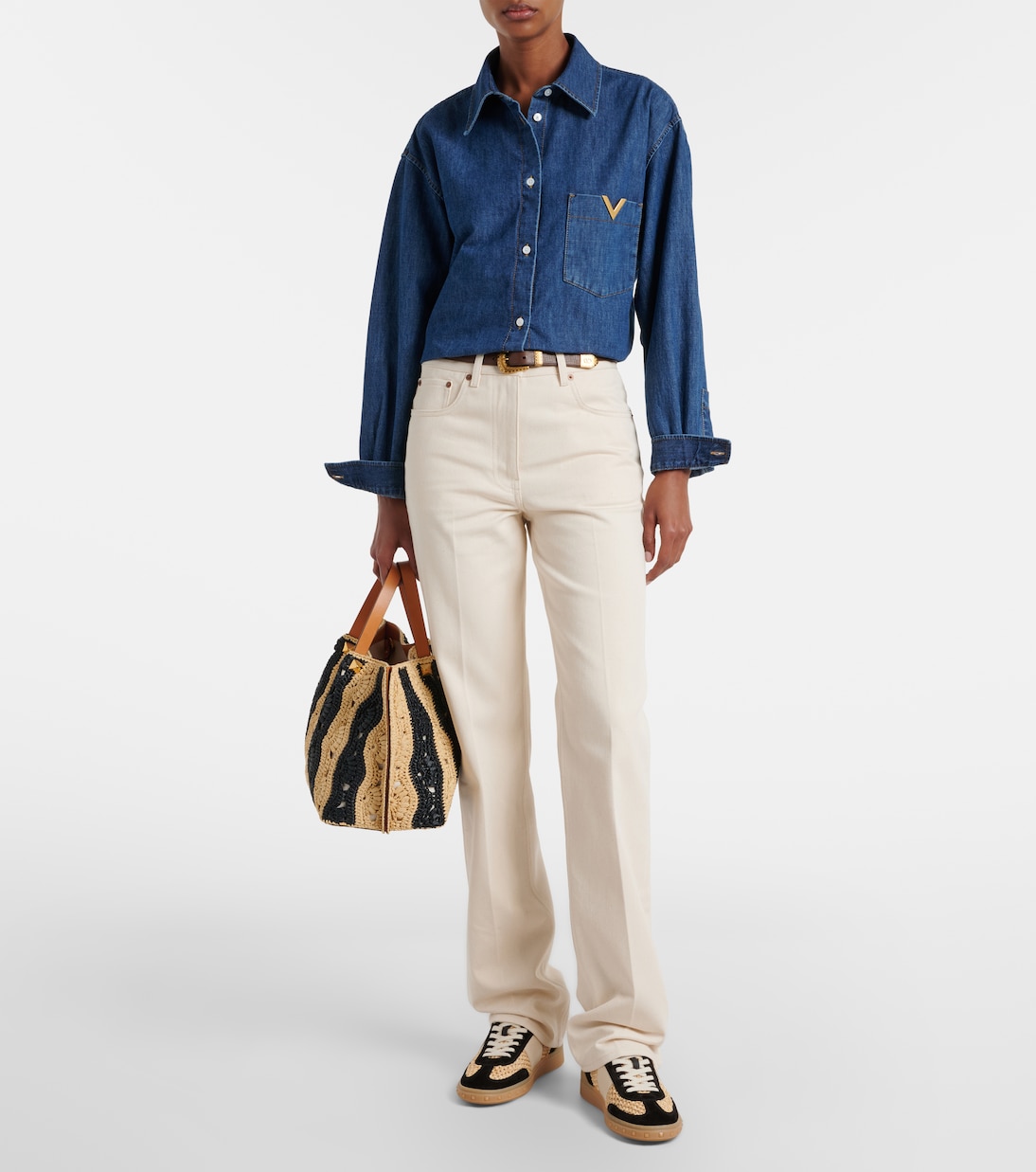 VLogo leather-trimmed raffia sneakers | Valentino Garavani