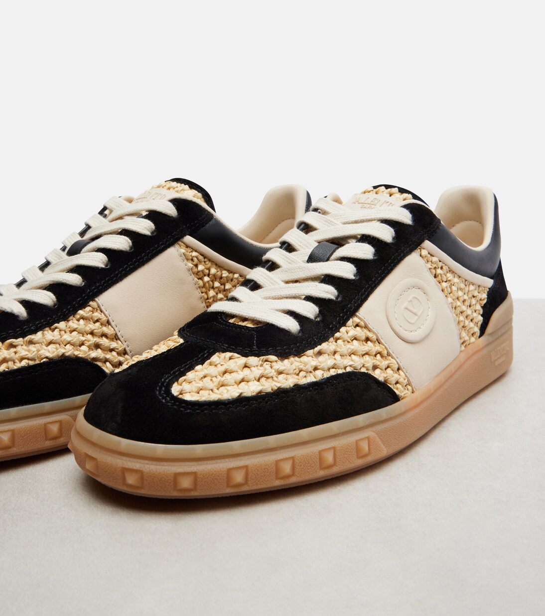 VLogo leather-trimmed raffia sneakers | Valentino Garavani