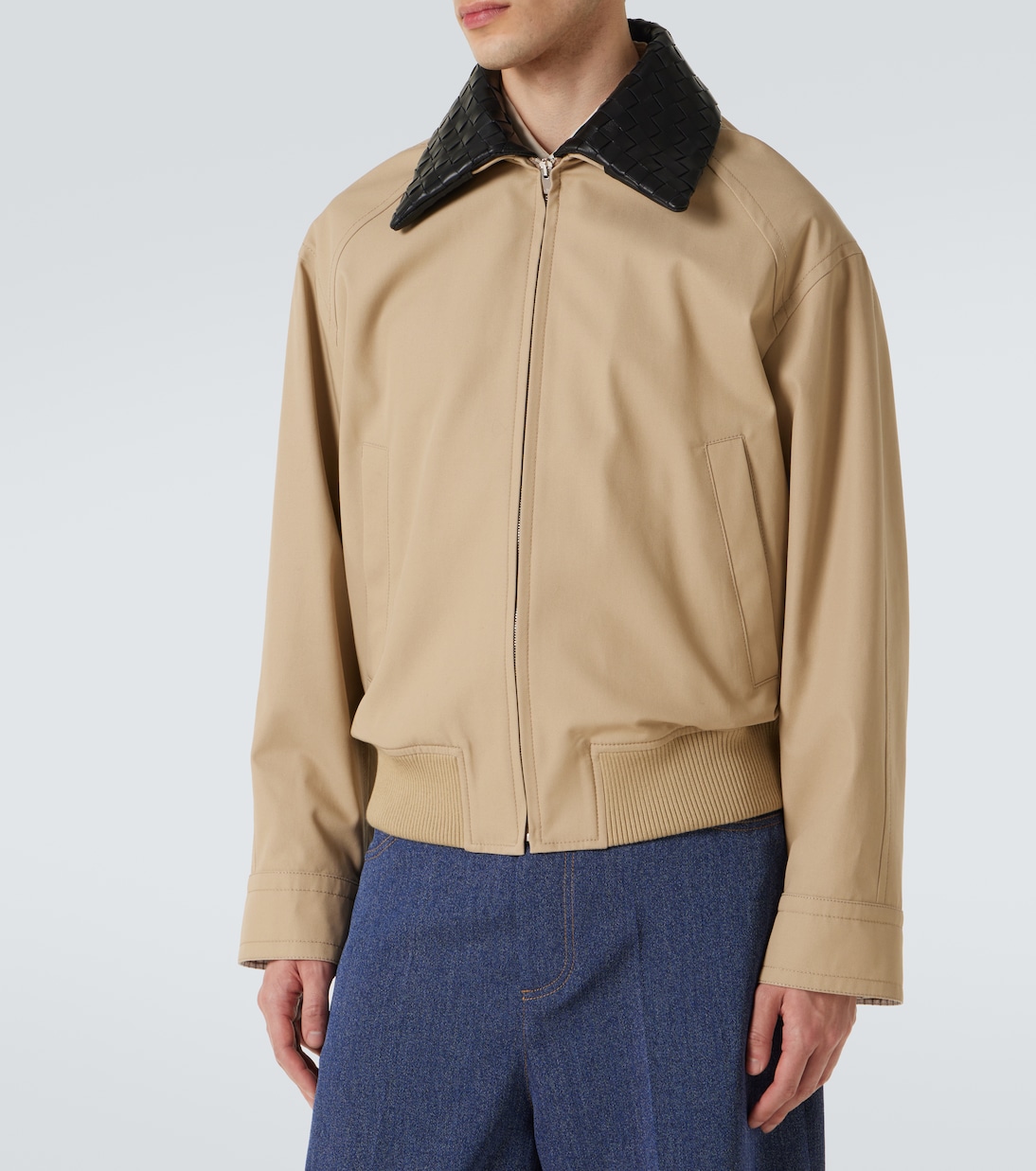 Giacca blouson in twill con pelle Intrecciato | Bottega Veneta