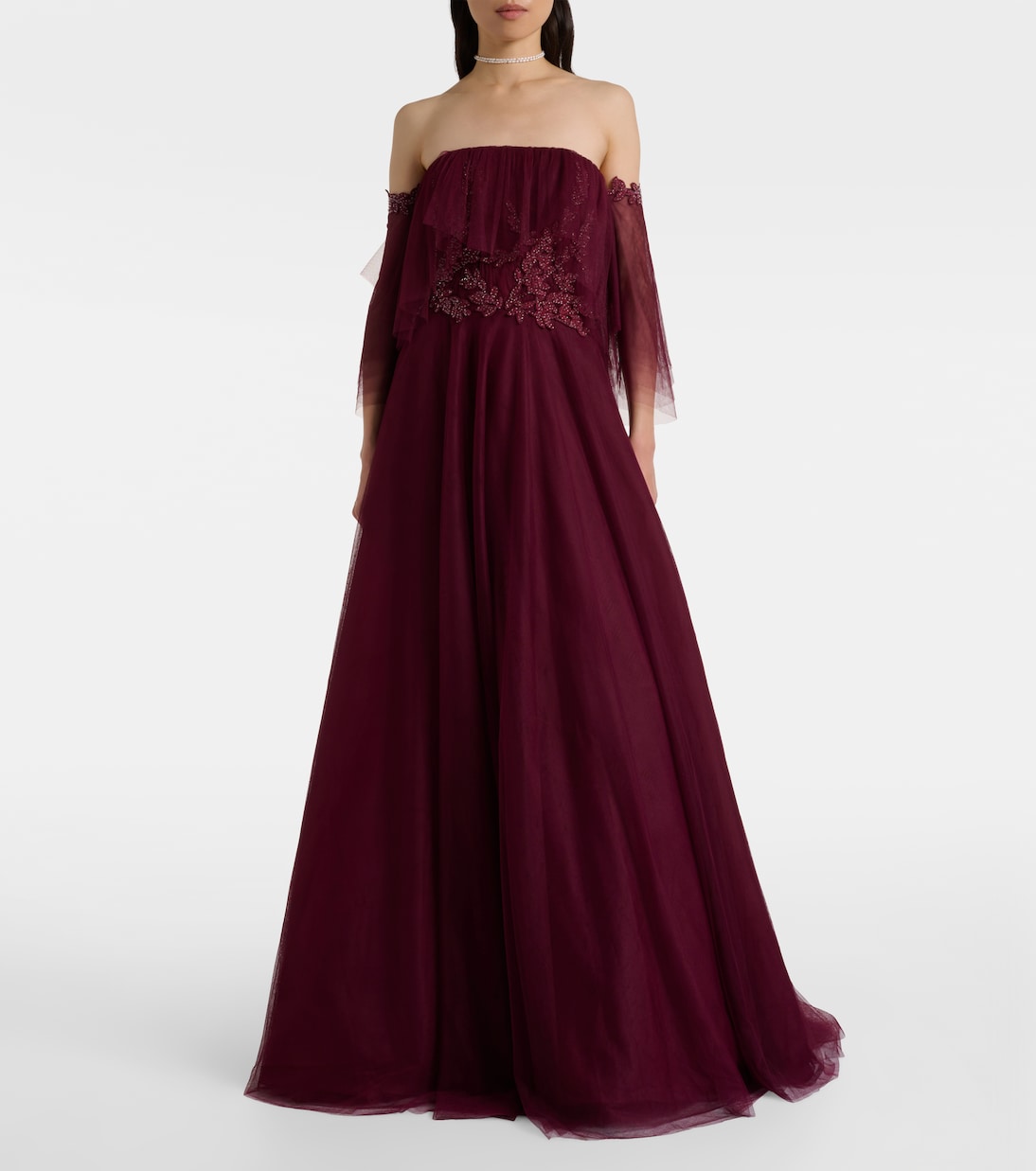 Embellished off-shoulder tulle gown | Costarellos