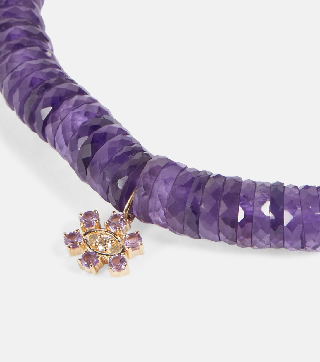 Bracciale giovanile in oro 14kt con perle heishi, ametista e dettagli diamantati