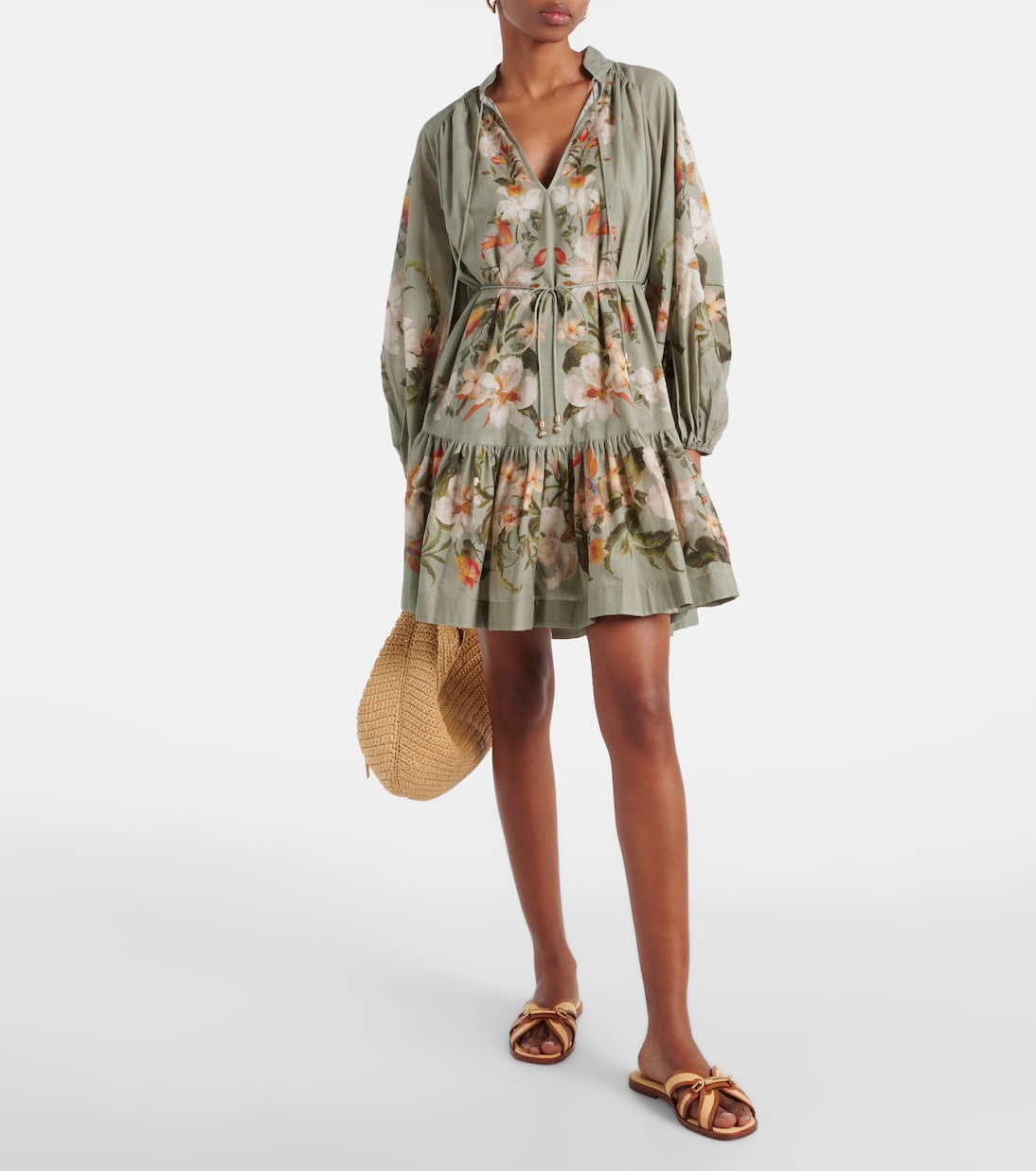 Prisma leather-trimmed raffia slides | Zimmermann