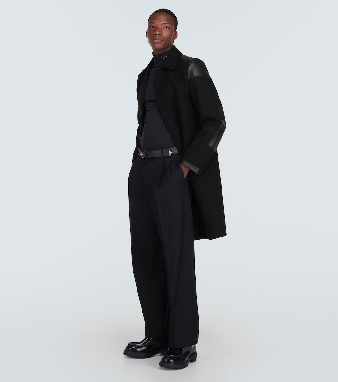 Leather-trimmed wool-blend coat  | Prada