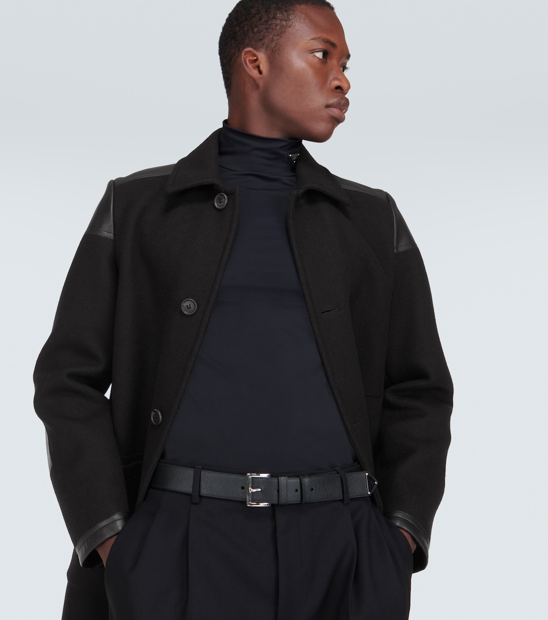 Leather-trimmed wool-blend coat  | Prada