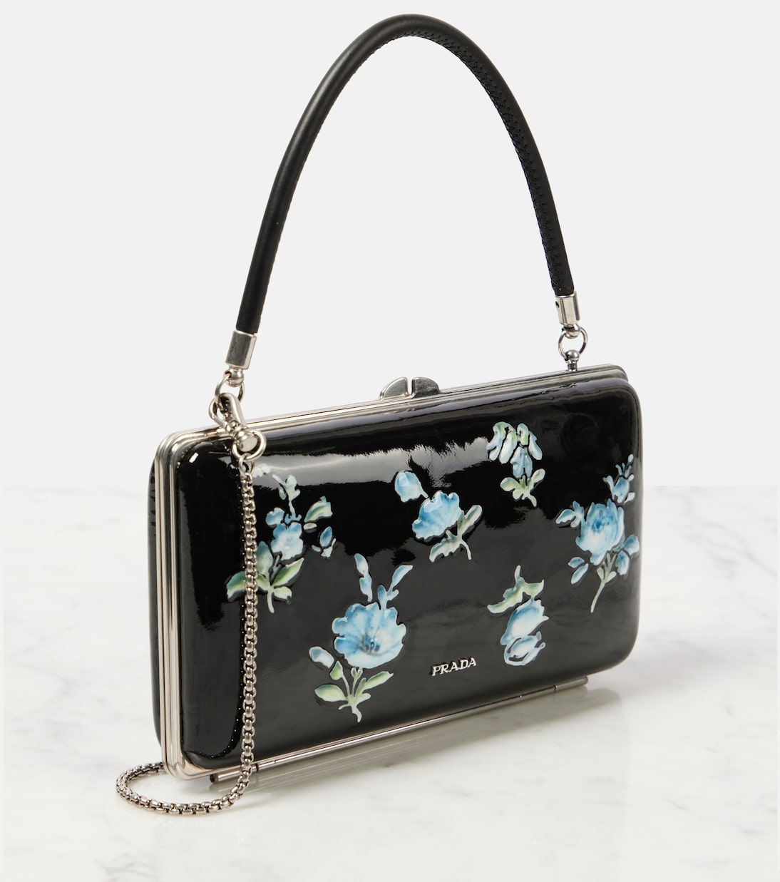 Pochette en cuir verni à fleurs | Prada