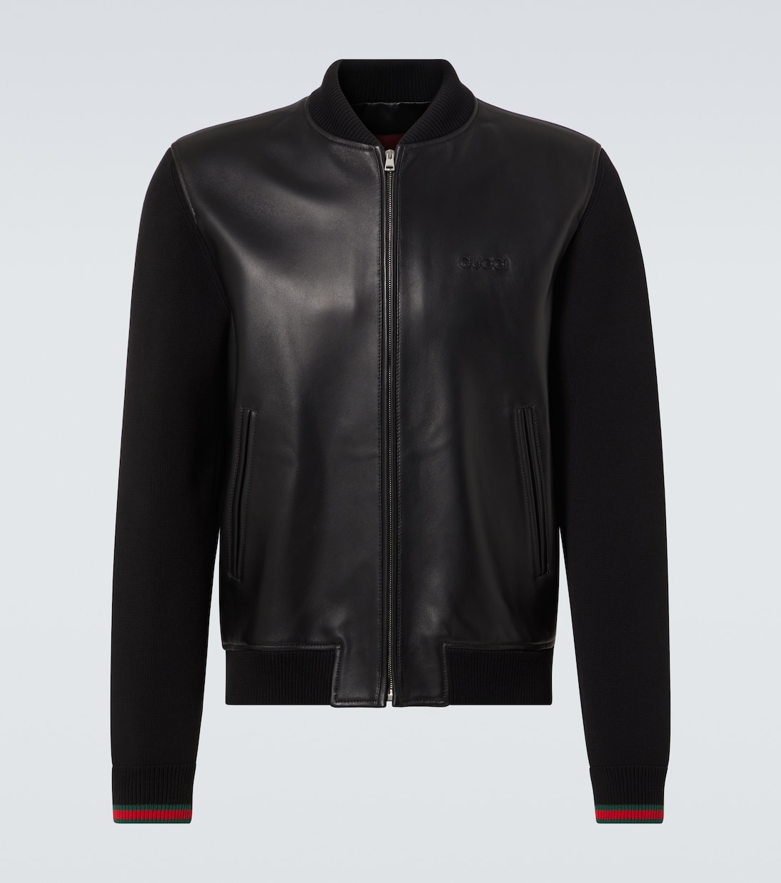 Bomberjacke Web Stripe aus Leder und Strick | Gucci