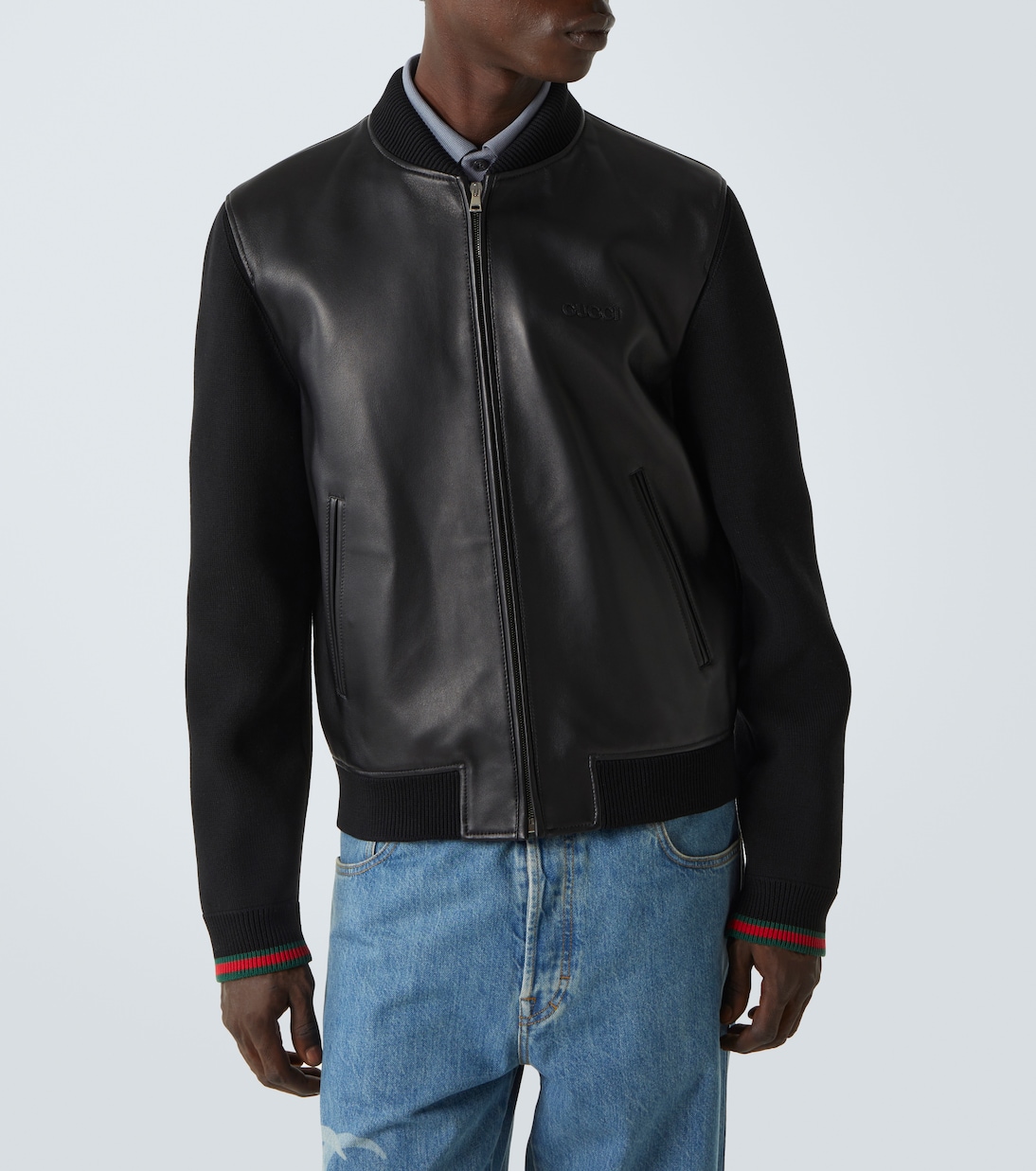 Bomberjacke Web Stripe aus Leder und Strick | Gucci