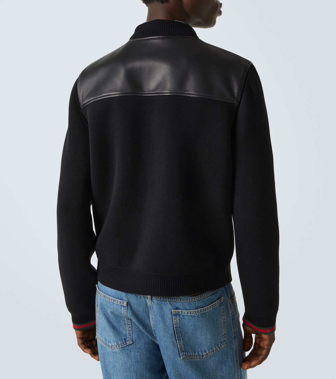 Bomberjacke Web Stripe aus Leder und Strick | Gucci