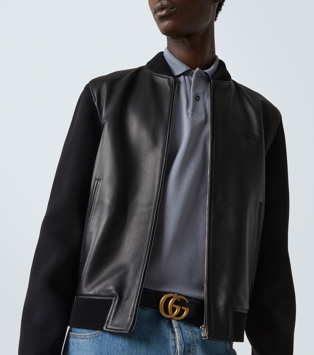Bomberjacke Web Stripe aus Leder und Strick | Gucci