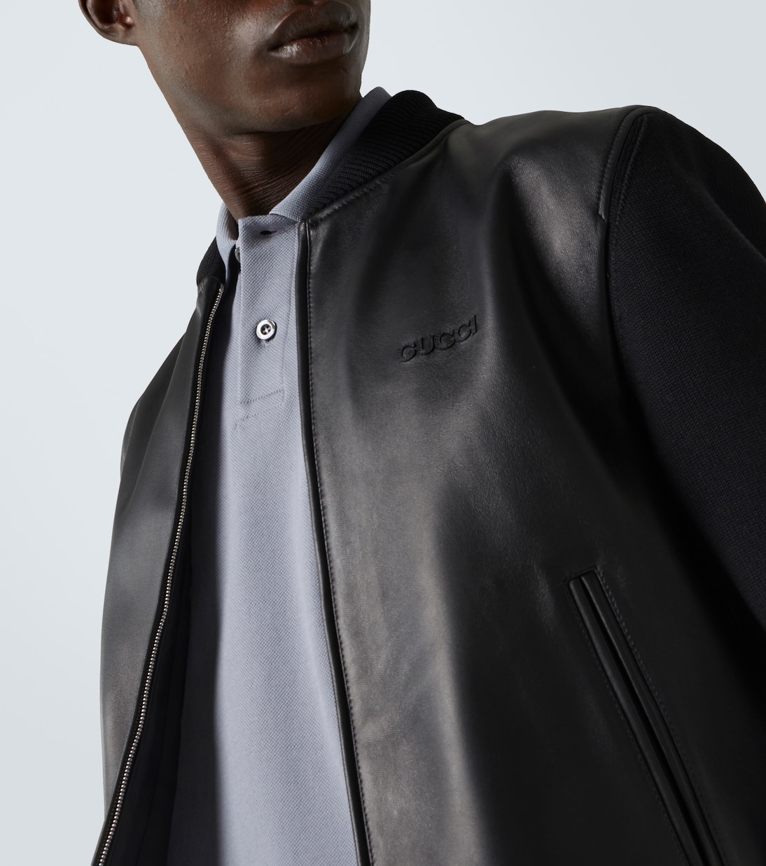 Bomberjacke Web Stripe aus Leder und Strick | Gucci