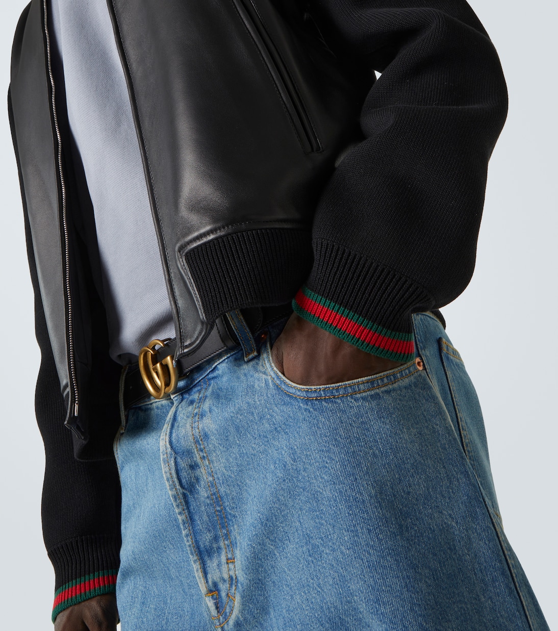 Bomberjacke Web Stripe aus Leder und Strick | Gucci