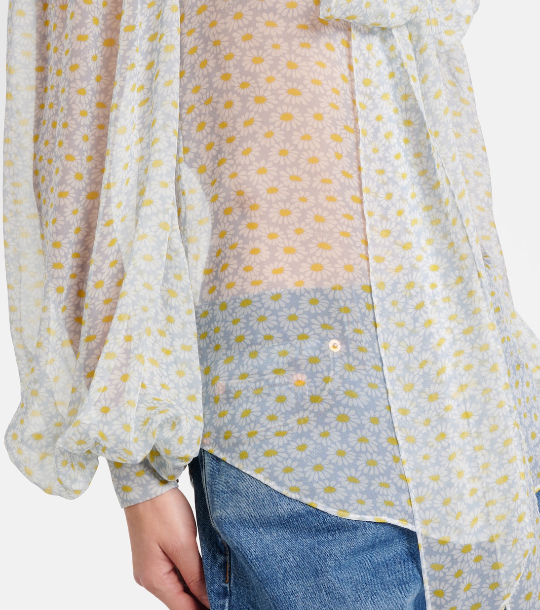 Floral sheer tie-neck silk chiffon blouse in grey - Gucci