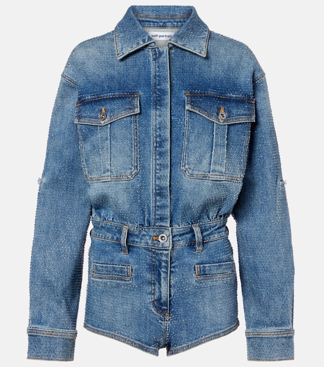 Embellished denim romper | Self-Portrait