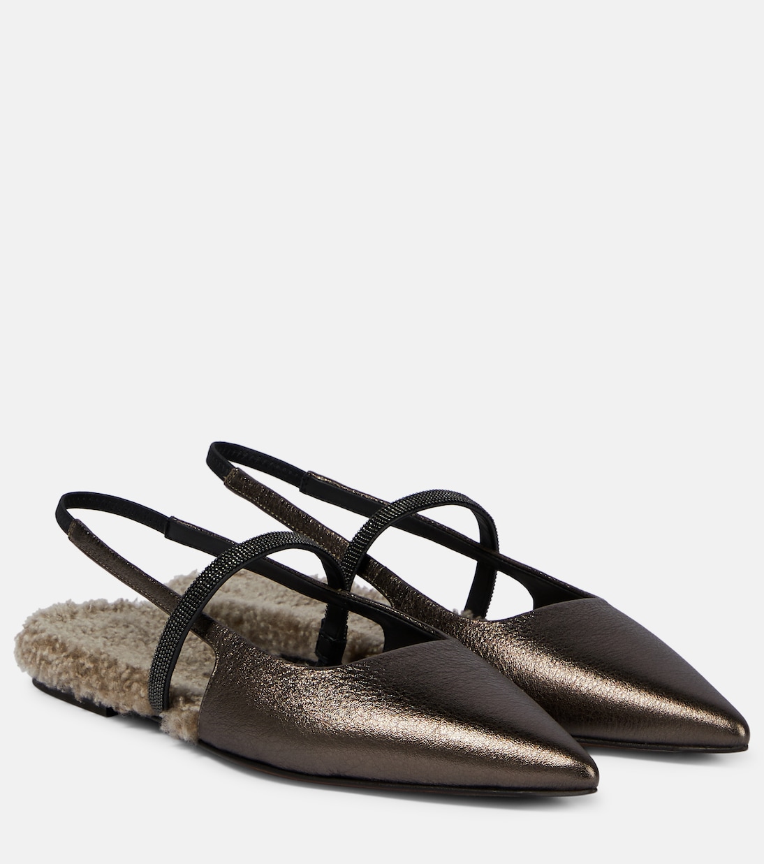 Embellished leather slingback flats | Brunello Cucinelli