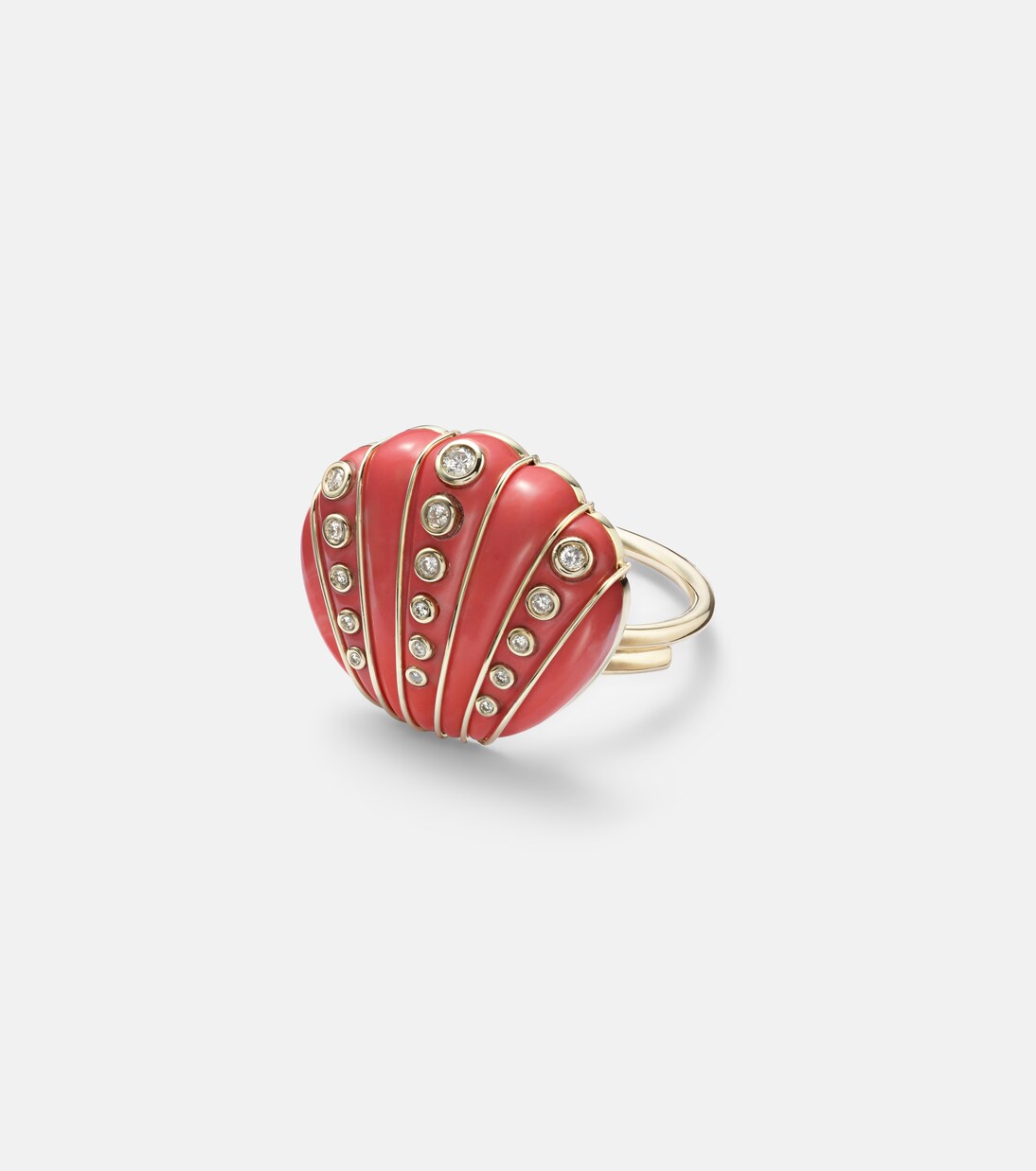 Coquillage Corail 9kt ring with diamonds and coral  | Yvonne Léon