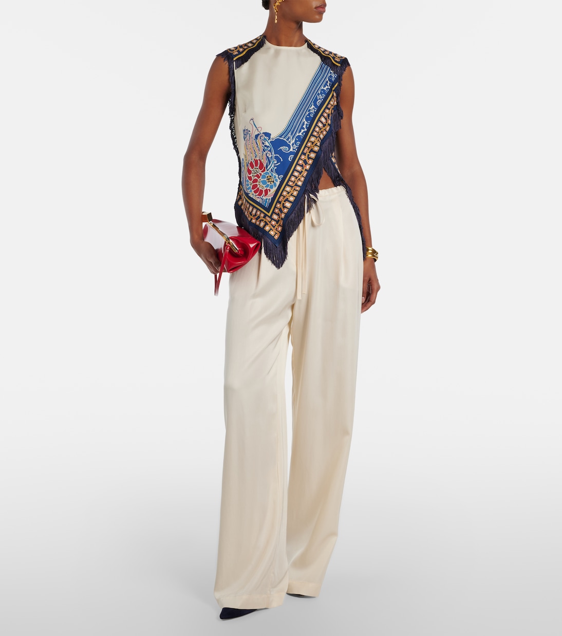 Fringed printed silk satin top | La DoubleJ