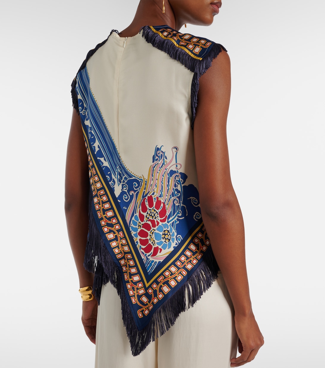 Fringed printed silk satin top | La DoubleJ