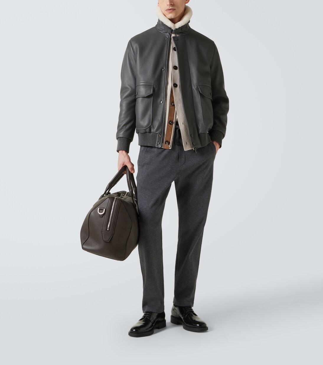 Shearling-trimmed leather bomber jacket | Brioni