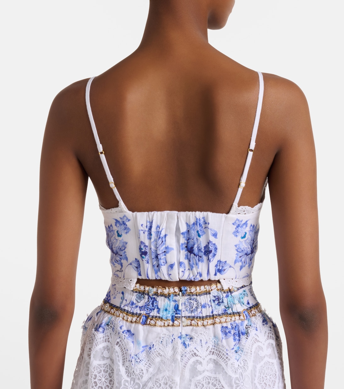 Printed lace-trimmed linen bra top | Camilla