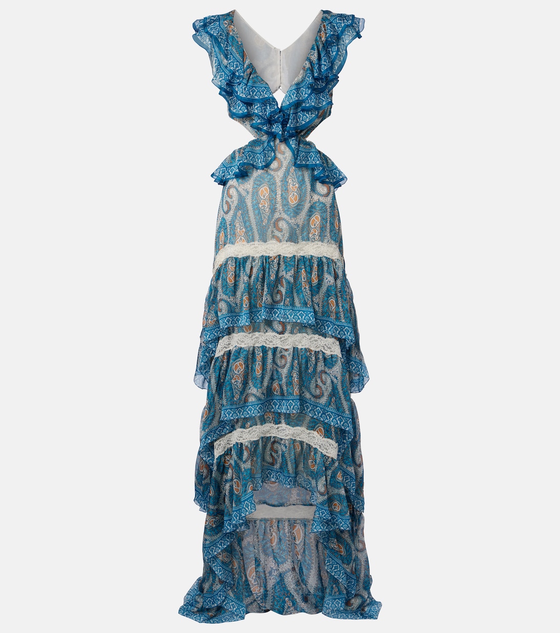 Paisley lace-trimmed ruffled silk maxi dress | Etro