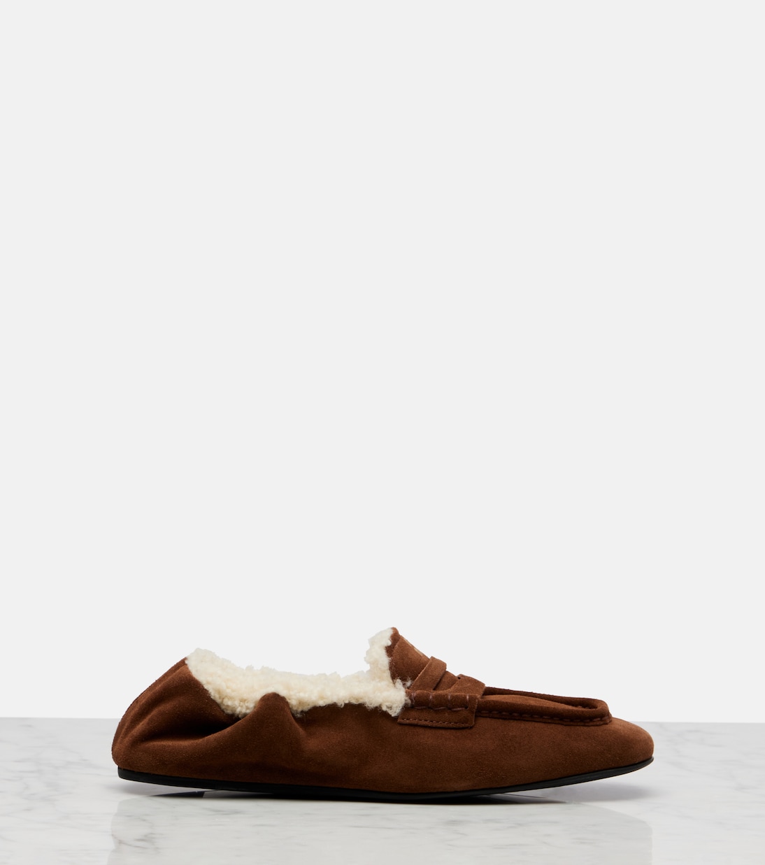 Ruches shearling-lined suede penny loafers | Miu Miu
