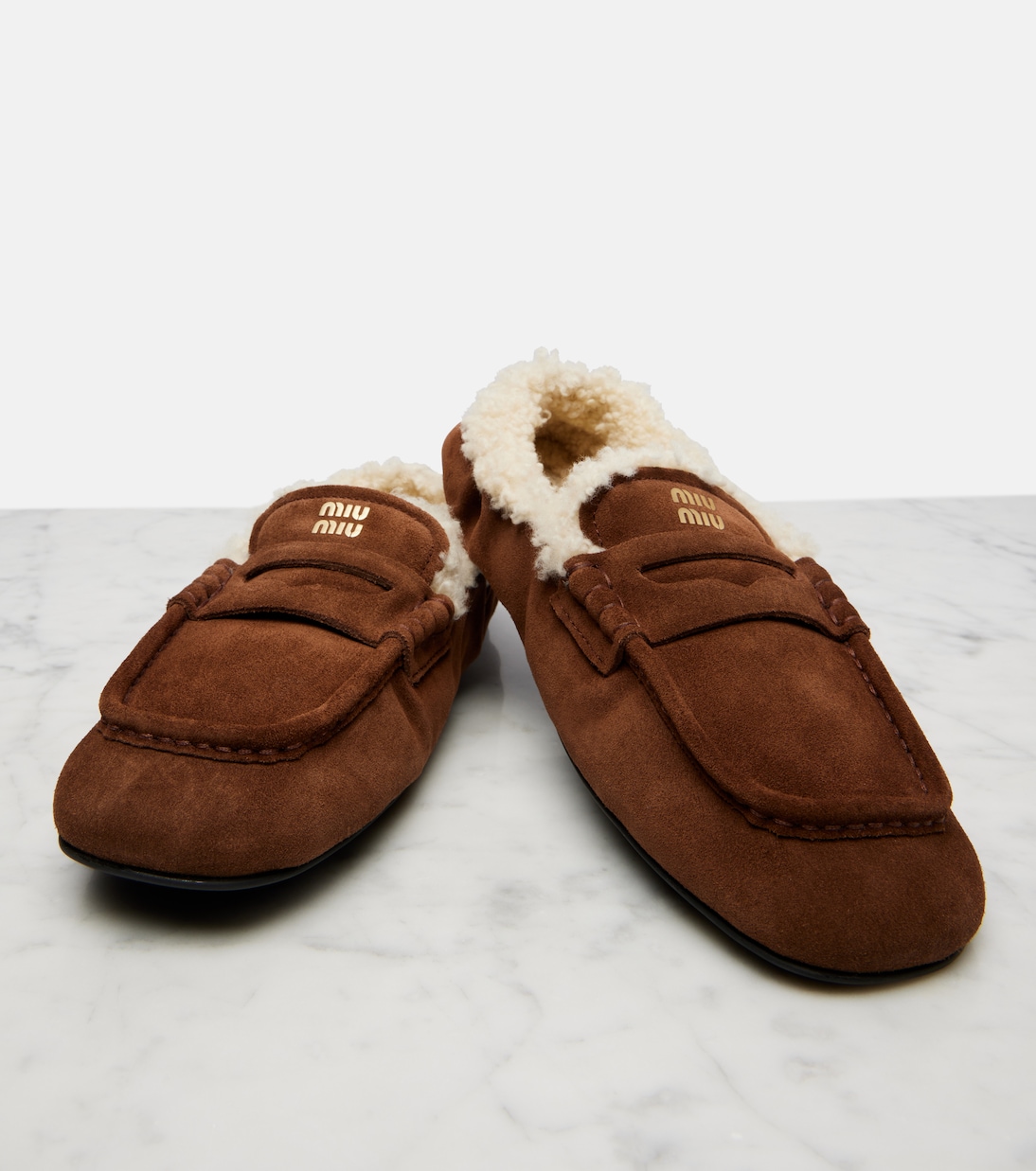 Ruches shearling-lined suede penny loafers | Miu Miu