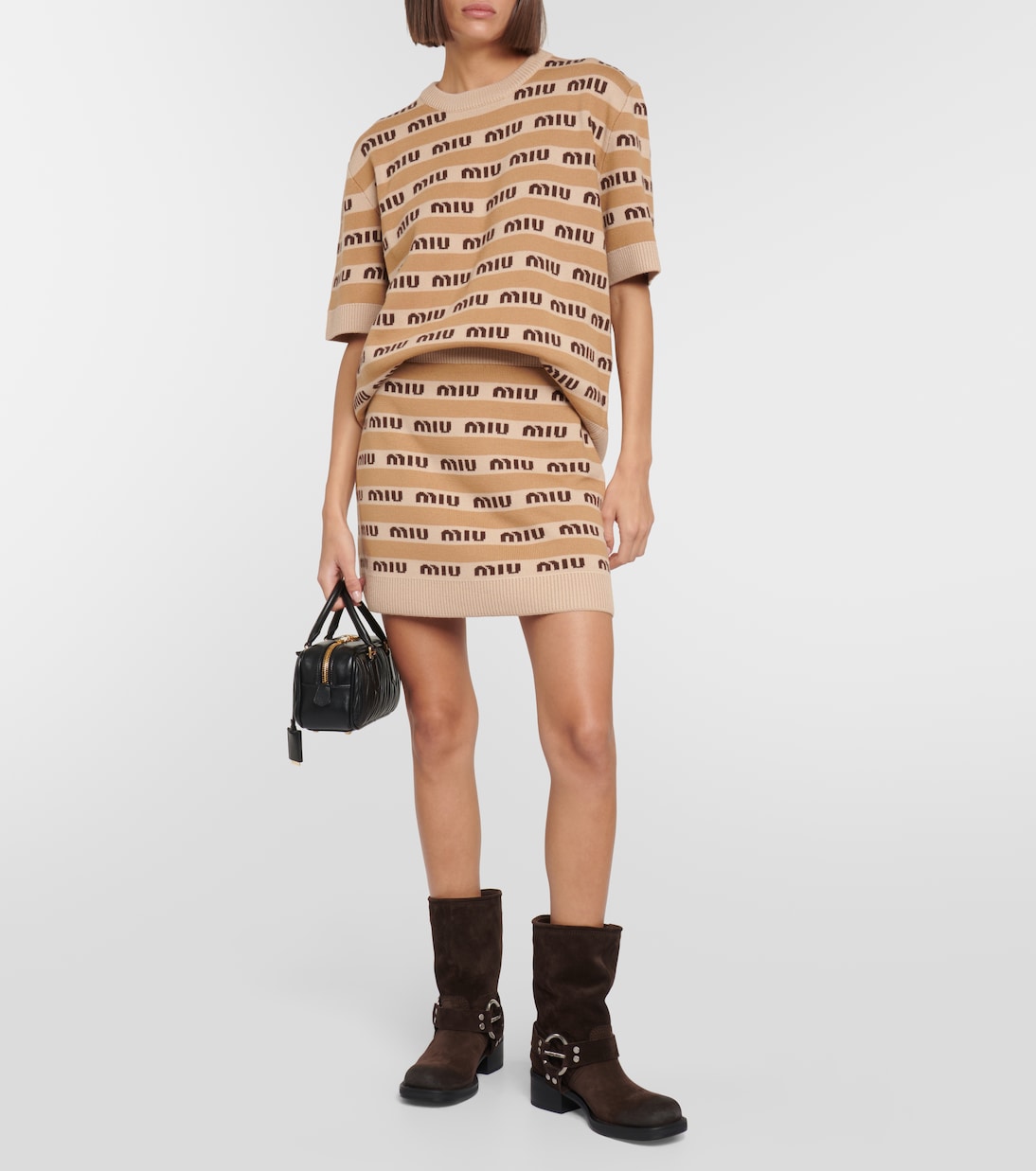 Mini-jupe en laine vierge à logo | Miu Miu